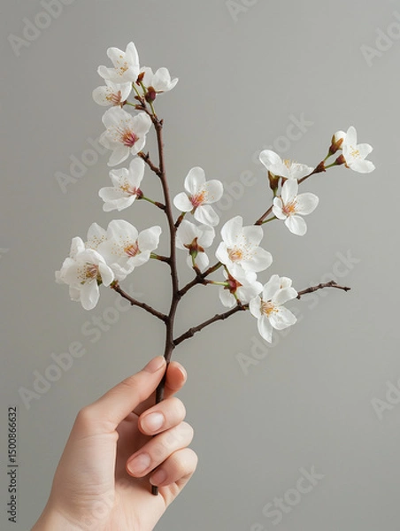 Fototapeta hand holding a small branch of cherry blossoms. could be used in graphic design, branding, or advertising for themes related to nature, wellness, beauty, or minimalism.