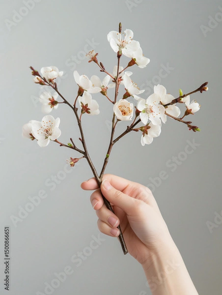Fototapeta hand holding a small branch of cherry blossoms. could be used in graphic design, branding, or advertising for themes related to nature, wellness, beauty, or minimalism.