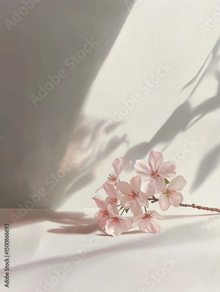 Fototapeta minimalist composition featuring a branch of cherry blossoms. It would also work well as a decorative piece, a background for text, or inspiration for floral or spring-themed projects.