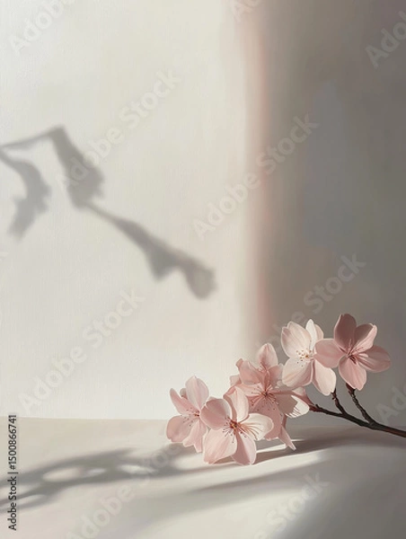 Fototapeta minimalist composition featuring a branch of cherry blossoms. It would also work well as a decorative piece, a background for text, or inspiration for floral or spring-themed projects.