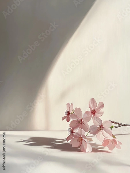 Fototapeta minimalist composition featuring a branch of cherry blossoms. It would also work well as a decorative piece, a background for text, or inspiration for floral or spring-themed projects.