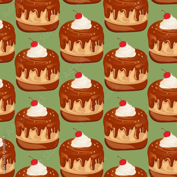 Obraz Seamless pattern for kitchen decor and more. Delicious chocolate cupcake with whipped cream and cherry. Vector cartoon illustration of sweet food.