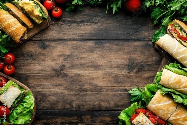 Fototapeta Organic Lunch. Healthy Vegetarian Table Setting with Fresh Lunch Options on Rustic Wood Background