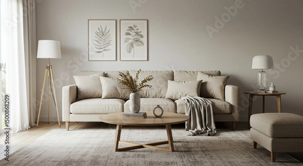 Fototapeta A living room with a beige sofa, a wooden coffee table, and two leaf art pieces on the wall