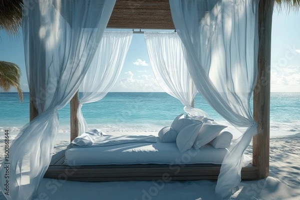 Fototapeta Outdoor Fabric. Caribbean Vacation Beds with Blue Curtains for a Tropical Relaxation Experience