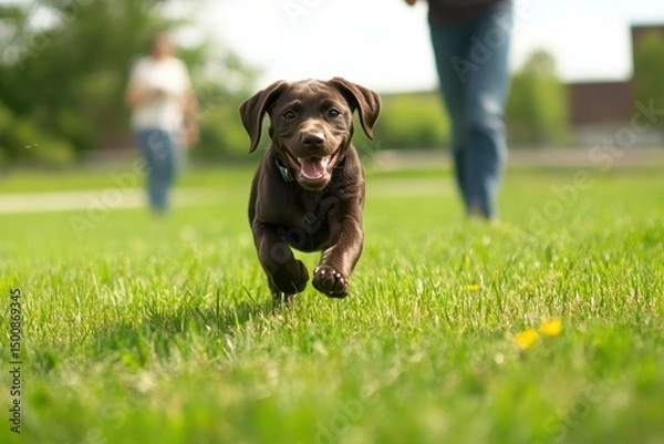 Fototapeta Outside Dog: Happy Labrador Retriever Playing in Grass Park with People on Sunny Summer Day