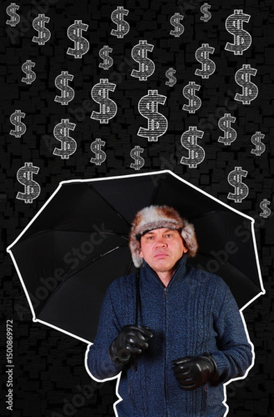 Fototapeta A man takes shelter under an umbrella from falling dollar signs. Conceptual collage symbolizing financial windfall, income overload, or the pressures of wealth and money.