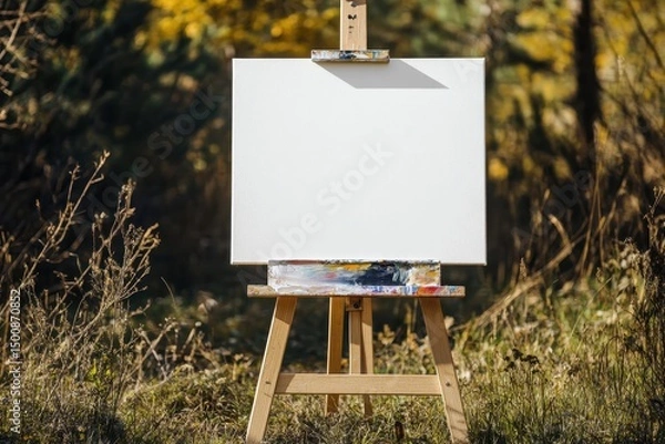 Fototapeta Painting Outside. Wooden Easel with Blank Canvas in Nature Setting