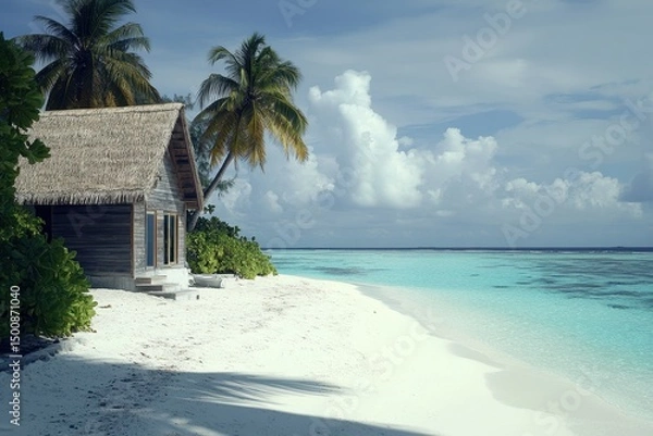 Fototapeta Palm Beach Tropical Paradise with Palm Trees in The Maldives, Indian Ocean