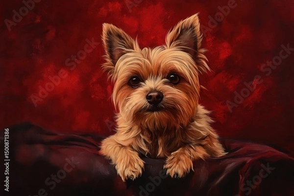 Fototapeta Pampered Yorkshire Terrier. Beautiful Tiny Dog Breed on Dark Red Studio Background