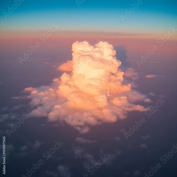 Obraz A warm golden hour photograph, bird's-eye view, of a beautiful cloud in the sky, captured in soft light just after sunrise or before sunset, showcasing a top-down perspective