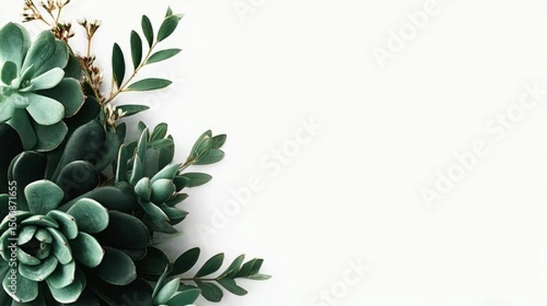 Obraz White background highlights minimalist succulents in top view, featuring a banner and copy space for modern home decor or office design templates.