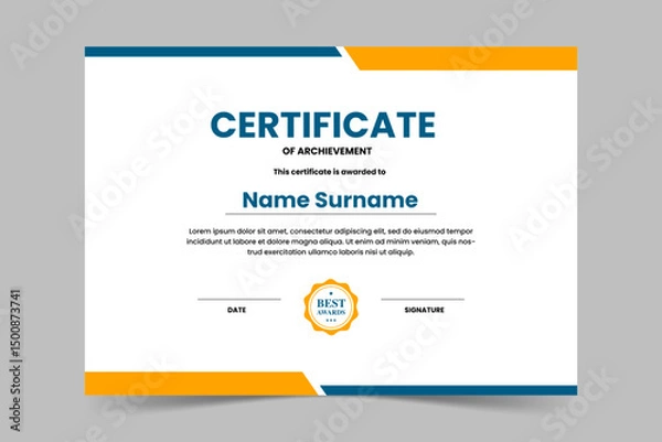 Obraz Modern elegant blue and yellow geometric certificate template. Appreciation for business and education. Vector illustration