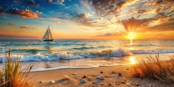 Obraz Serene Sunset Sailboat Scene Golden Hour Ocean Waves Crashing on Sandy Shore with Seashells