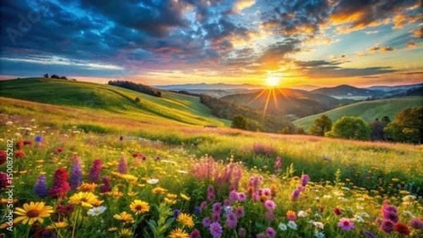 Obraz Serene Sunset Over Rolling Hills and Vibrant Wildflower Meadow