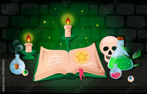 Fototapeta The wizard's room. A table with a book of spells and magical items in a cartoon style. Vector