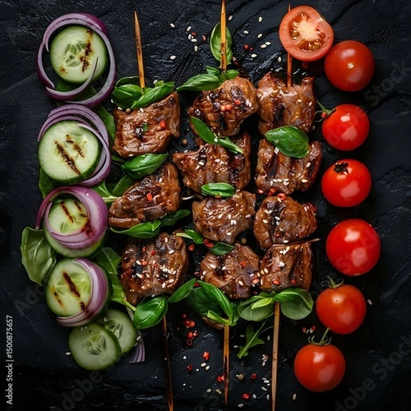 Obraz Grilled meat with vegetables on skewers on a black background. Top view.