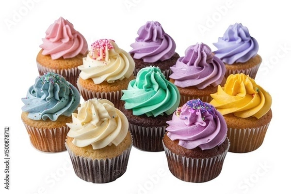 Fototapeta Assorted cupcakes with colorful frosting and sprinkles.