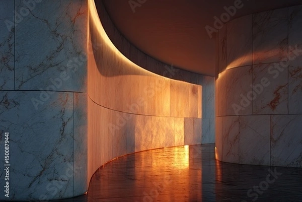Fototapeta Sunset glow reflected on a curved marble wall, warm architectural minimalism