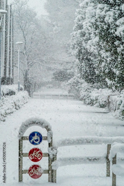 Obraz 雪が降る遊歩道の車止めの標識縦長