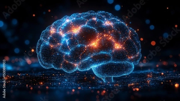 Fototapeta Glowing, digital brain image with orange and blue light