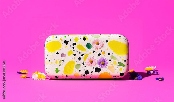 Obraz Colorful terrazzo soap with flowers. Minimal concept playful flat lay for modern skincare or summer beauty.