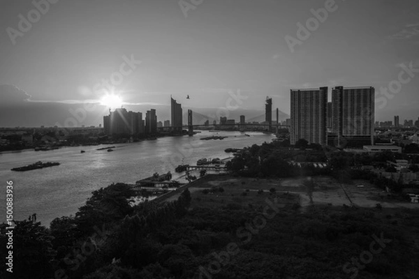 Obraz Skyscraper building of Bangkok’s downtown with skyline buildings and Chao Phraya River, It’s capital city of Thailand