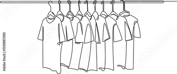 Obraz Continuous line drawing of set of men's t-shirts hanging.one line drawing of shop selling men's t-shirts. single line vector illustration of men's t-shirt clothing. website, Ecommerce, 