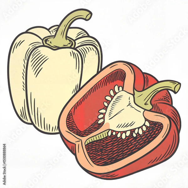 Obraz Bell pepper sliced in pencil illustration in black and white representing fresh produce and healthy eating concept