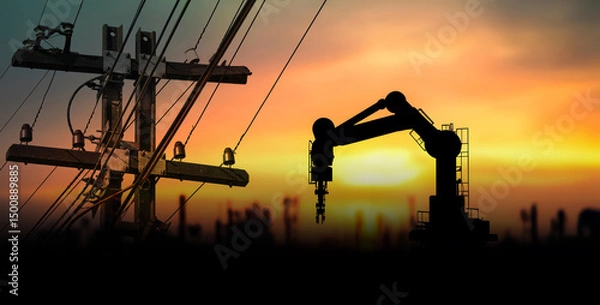 Fototapeta Tower electric poles and mechanical arms caught in sunset light across an industrial skyline, illustrating innovation in energy automation and the evolution of urban tech environments.