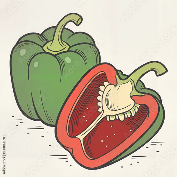 Obraz Bell pepper sliced in pencil illustration in black and white representing fresh produce and healthy eating concept