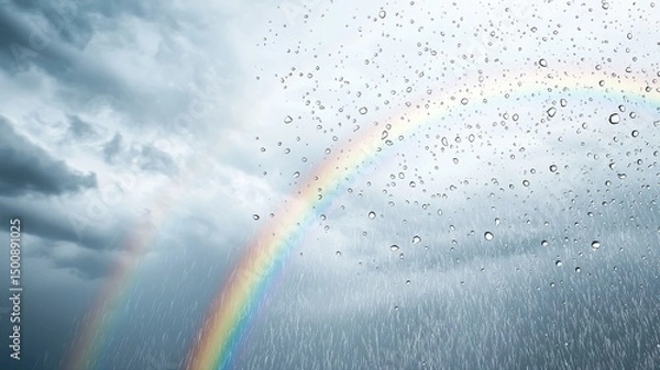 Fototapeta Vibrant Rainbow Through Rain Covered Window with Stormy Sky rain rainbow sky window vibrant stormy