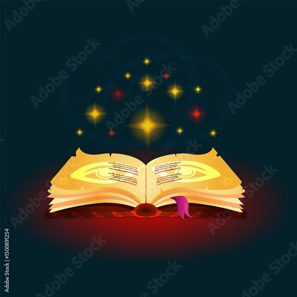 Fototapeta The magic book. The process of activating the spell. Vector illustration in cartoon style