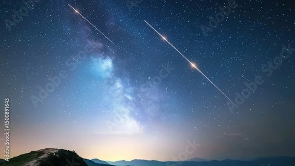 Obraz Milky Way and Satellite Trails Over Mountain Landscape at Night landscape mountain satellite galaxy