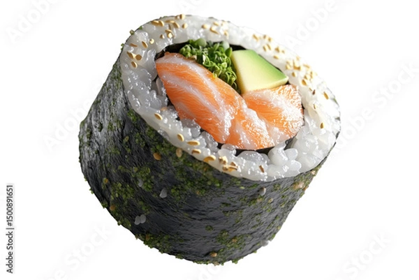Fototapeta Sushi roll Maki with salmon, avocado, cucumber and rice wrapped in seaweed, isolated on white transparent background, concept of Japanese cuisine