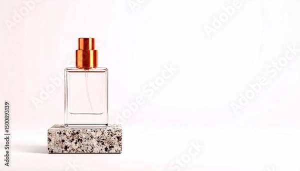 Fototapeta Perfume advertisement, luxury and minimalism: Fragrance with textured stone base, serene minimal background.