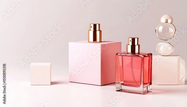 Fototapeta Perfume advertisement, luxury and minimalism: Geometric perfume placement, neutral aesthetic.