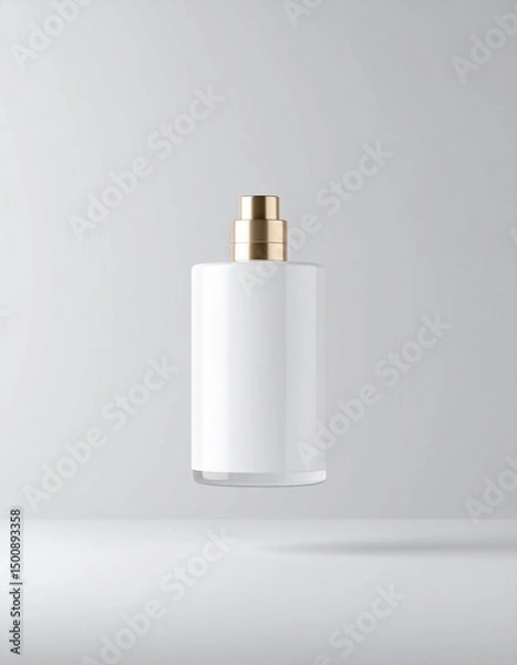 Fototapeta Perfume advertisement, luxury and minimalism: High-end fragrance, floating bottle in soft beige room.