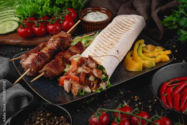 Fototapeta Close-up of grilled pork skewers served with a stuffed shawarma wrap, fresh vegetables like cucumber and tomato, and yellow bell pepper slices. Perfect for restaurant menus and ads