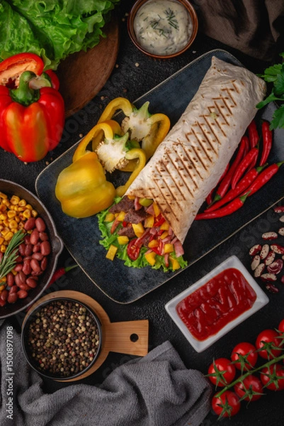 Fototapeta Delicious tortilla wrap filled with grilled beef, sweet corn, bell peppers, lettuce, and cherry tomatoes, surrounded by fresh vegetables and condiments on a rustic black background