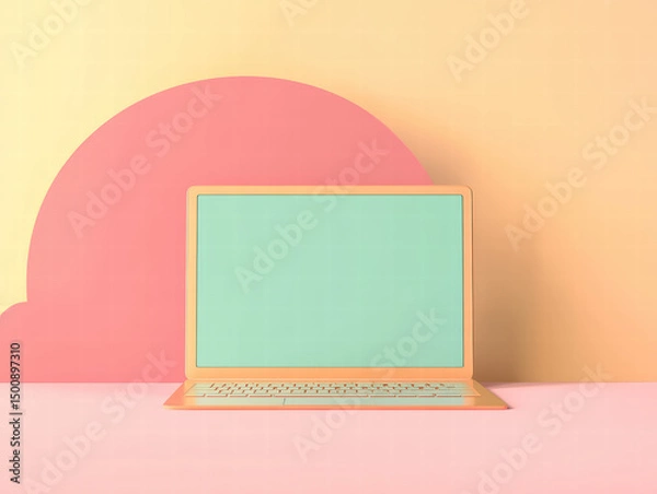 Obraz Pastel Laptop Mockup: A stylish pastel-colored laptop with a blank teal screen sits against a soft pink and peach background, perfect for showcasing your designs or apps.