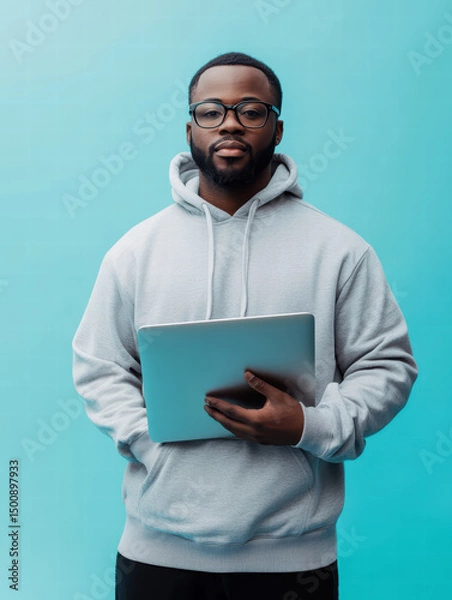 Obraz A determined individual, exuding confidence, cradles a laptop, standing against a modern, light-blue backdrop, and capturing an atmosphere of focused work.