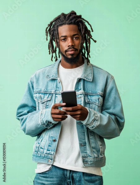 Obraz A young man with dreadlocks, wearing a denim jacket and white t-shirt, looks directly at the camera while holding his smartphone.