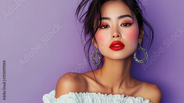 Obraz Captivating portrait of a woman with stunning makeup, radiating confidence against a complementary backdrop, accentuating features. 