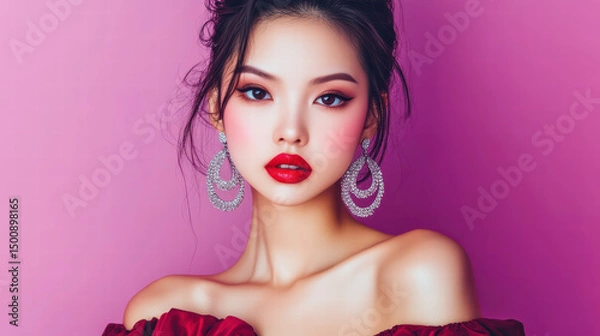 Obraz A captivating portrait of a model with a gorgeous face, stunning make-up, and sparkling jewelry. Radiating confidence and elegance. 