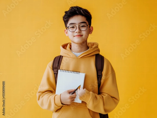 Obraz A youthful, cheerful student in a cozy hoodie stands with a notebook, embodying the spirit of education and aspiration.