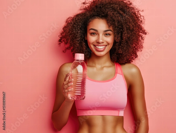 Obraz Hydration & Radiance: A vivacious person with an afro hairstyle, exuding health, joy and hydration, smiles, presenting a bottle of refreshing water against a pink backdrop.