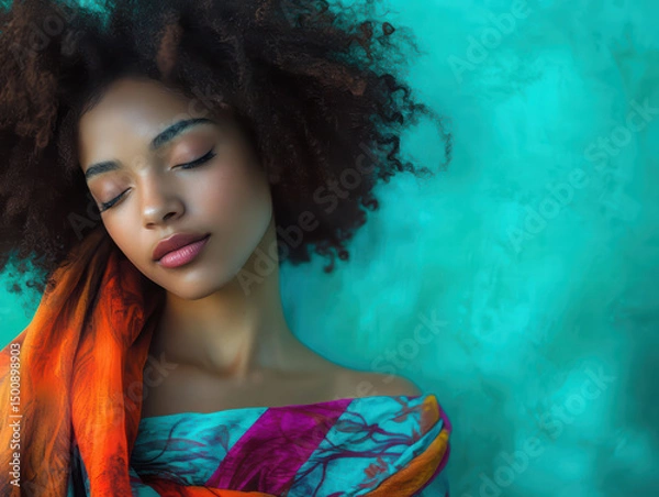 Obraz Inner Serenity: A portrait of peaceful self-reflection, featuring a beautiful individual with eyes gently closed. A vibrant scarf adds a touch of color and movement.