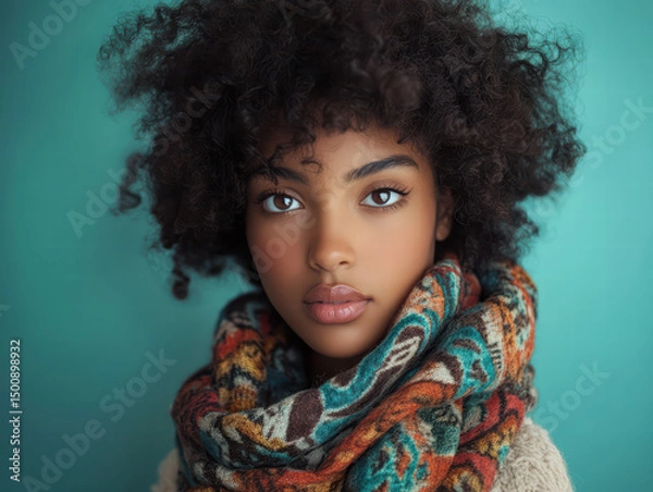 Obraz Intense gaze and autumn style: A captivating beauty with a stunning expression. The photograph focuses on her striking features, her fluffy hair and the beautiful colorful scarf.