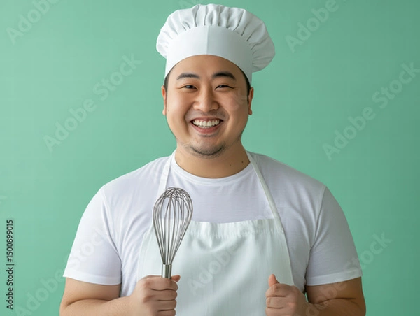 Obraz Culinary Artisan: A beaming baker, clad in a traditional chef's attire, proudly displays a whisk against a pastel green backdrop, radiating warmth and culinary expertise.
